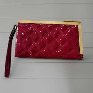 Anne Klein Red Quilted Patent Leather Wristlet Clutch - Gold Hardware